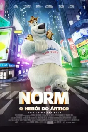Um urso polar feliz com pequenas criaturas no alto, usando camiseta New York, em uma vibrante cidade noturna com luzes e prédios.