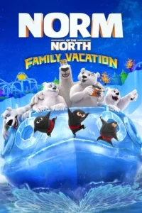 Um urso polar e família em barco de gelo,com criaturas ninjas saltitantes. Cenário de parque nevado. Clima alegre e divertido.