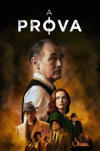 Pôster vintage com homem, mulher ruiva e outros personagens sérios em roupas dos anos 40. Fundo escuro esfumaçado, clima de mistério.