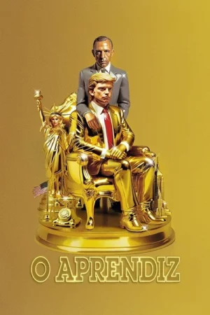 Estátua dourada de homem de terno dourado sentado em trono, com figura de terno cinza por trás. Base com Estátua da Liberdade e prédios. Clima de opulência.