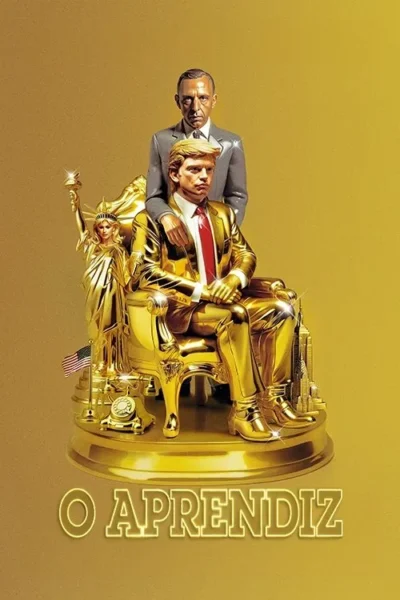 Estátua dourada de homem de terno dourado sentado em trono, com figura de terno cinza por trás. Base com Estátua da Liberdade e prédios. Clima de opulência.
