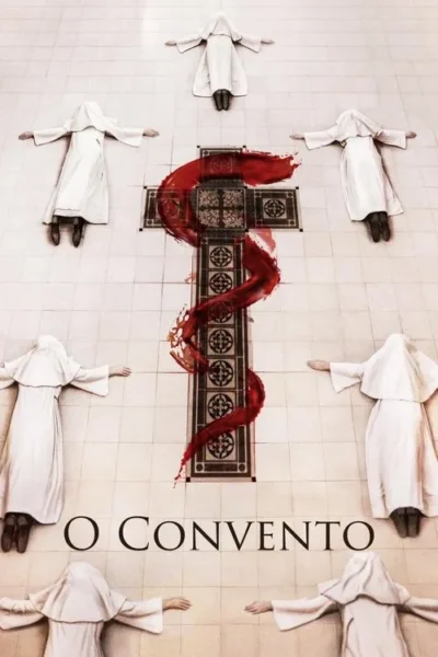 Sete figuras em hábito branco, como freiras, deitadas no chão claro. Uma cruz escura no centro é banhada por sangue vermelho em espiral.