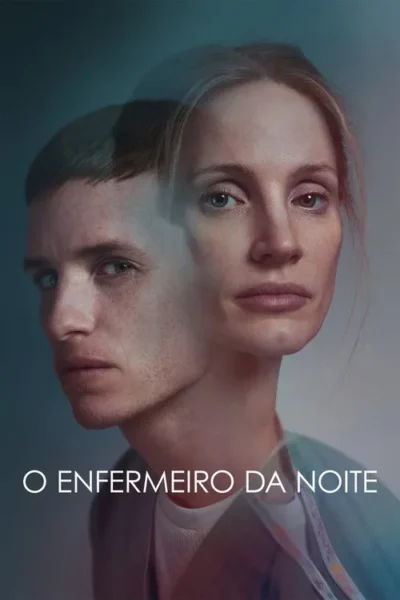 Duas faces, um homem e uma mulher, sobrepostas. Ambos com expressões sérias e vestindo uniformes hospitalares. Fundo escuro, clima tenso.