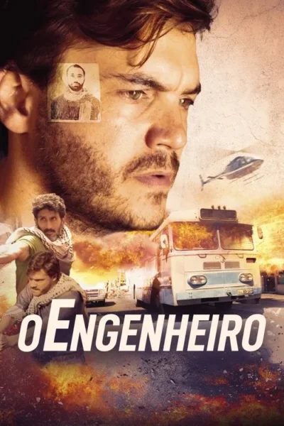 Pôster. Rosto de homem barbudo, foto antiga. Abaixo, dois homens em ação, ônibus, helicóptero e explosões. Cenário de conflito e perigo.