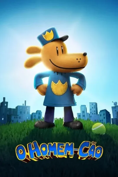 Pôster animado. Um cão policial sorridente em uniforme azul com emblema dourado, em pé na grama. Ao fundo, prédios urbanos sob céu azul claro.