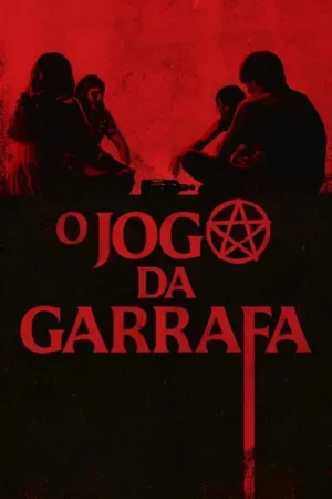 Pôster vermelho e preto. Quatro figuras em silhueta jogam em círculo com uma garrafa. Pentagrama e clima sombrio.