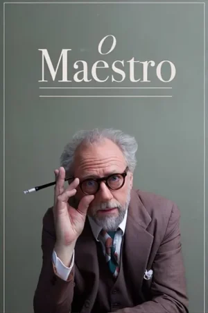 Pôster: Homem idoso de barba, óculos e terno marrom, com lápis na mão, olhando seriamente. Fundo simples verde-acinzentado.
