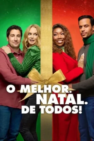 Pôster natalino com fundo verde e vermelho. Dois casais sorridentes flanqueiam uma fita dourada com laço, em clima festivo.