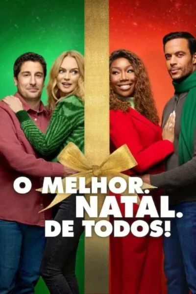 Pôster natalino com fundo verde e vermelho. Dois casais sorridentes flanqueiam uma fita dourada com laço, em clima festivo.