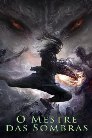 Pôster: Guerreiro de cabelo branco e preto em salto, atacando com energia laranja, cercado por sombras e demônios, sob olhos vermelhos.