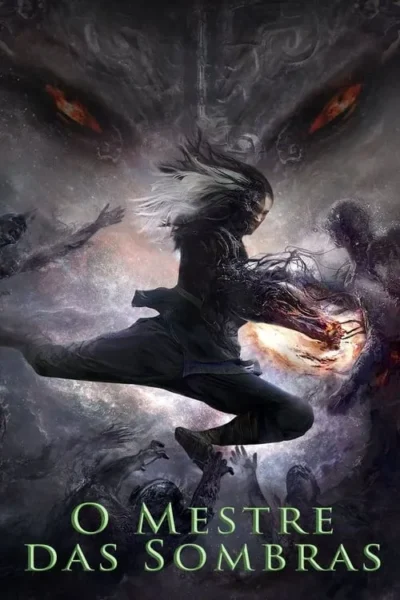 Pôster: Guerreiro de cabelo branco e preto em salto, atacando com energia laranja, cercado por sombras e demônios, sob olhos vermelhos.
