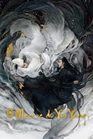 Pôster elegante: Um homem de branco dorme, outro de preto vigia com espada, cercados por redemoinhos de nuvens escuras/claras e ouro.