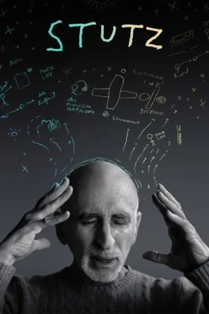 Homem idoso de olhos fechados com mãos na cabeça, em fundo escuro. Anotações e diagramas coloridos emanam de sua mente, indicando introspecção.