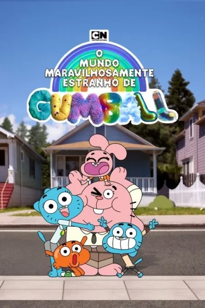 Um grupo animado e feliz de gato azul, coelho rosa e peixe laranja com seus pais, em rua suburbana ensolarada e colorida.