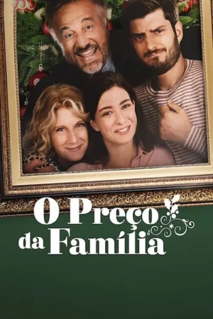 Quatro pessoas (dois homens, duas mulheres) sorrindo num porta-retrato dourado com fundo de Natal. Clima familiar e festivo.