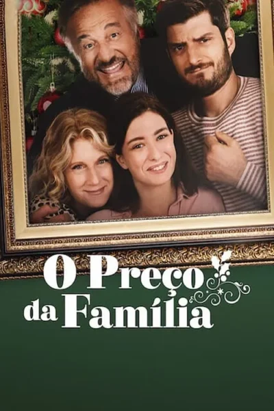 Quatro pessoas (dois homens, duas mulheres) sorrindo num porta-retrato dourado com fundo de Natal. Clima familiar e festivo.