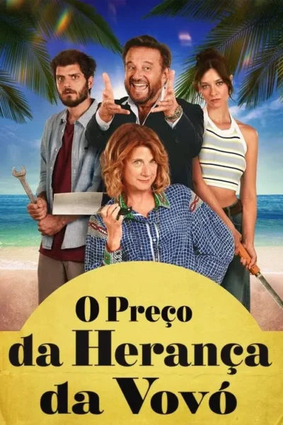 Quatro personagens (2 homens, 2 mulheres) em uma praia tropical. Um homem sorri, outro confuso com uma chave. Uma mulher sorri com uma faca, outra com uma machadinha. Humor.