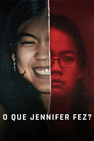 Pôster dividido: rosto de mulher. Esquerda sorridente e iluminada; direita séria, de óculos, em vermelho escuro. Clima de mistério e dualidade.