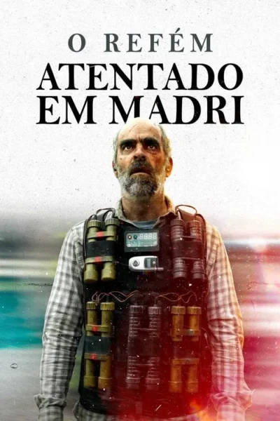 Homem barbudo, com rosto sujo e colete carregado de explosivos, olha para o alto com urgência. Fundo desfoque com tons vibrantes.