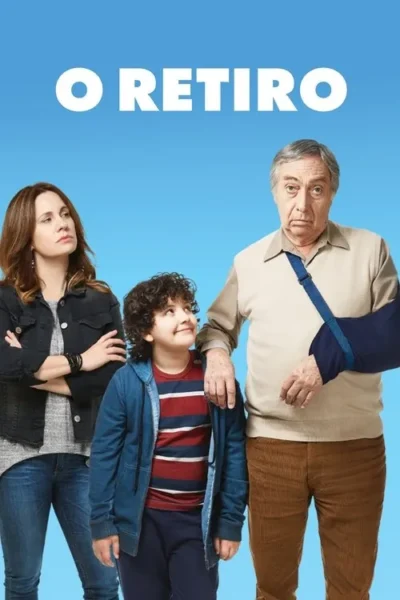 Pôster com fundo azul. Uma mulher, um menino feliz e um avô ranzinza com o braço em tipoia. Expressões contrastantes sugerem comédia familiar.