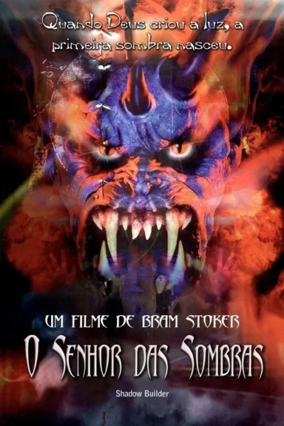 Pôster de horror: rosto demoníaco roxo e laranja com olhos brilhantes e presas afiadas, em meio a chamas e escuridão.