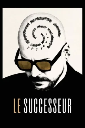 Pôster com homem careca e barbudo usando óculos escuros de lentes douradas. Uma espiral de figuras humanas minúsculas cobre sua cabeça. Clima intenso em preto e dourado.