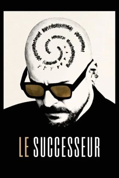 Pôster com homem careca e barbudo usando óculos escuros de lentes douradas. Uma espiral de figuras humanas minúsculas cobre sua cabeça. Clima intenso em preto e dourado.
