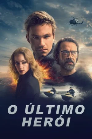 Pôster de ação com um homem central, mulher loira e homem barbudo, todos sérios. Explosões, cidade, helicóptero e jet skis criam um clima tenso.