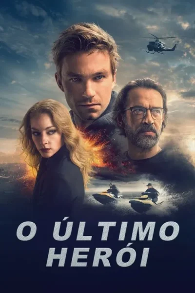 Pôster de ação com um homem central, mulher loira e homem barbudo, todos sérios. Explosões, cidade, helicóptero e jet skis criam um clima tenso.