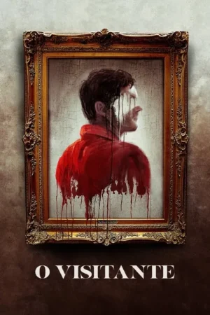 Pintura emoldurada: um homem de perfil com camisa vermelha, tinta preta escorrendo do rosto sobre tela rachada. Clima sombrio.