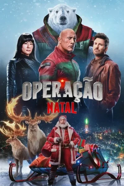 Pôster natalino com três atores, um urso polar, Papai Noel e renas. Fundo nevado e cidade iluminada, clima de ação festiva.