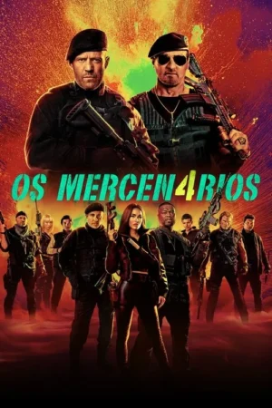 Pôster de ação: 2 homens sérios com boinas e armas no topo. Abaixo, grande elenco diverso de mercenários armados em cenário explosivo.