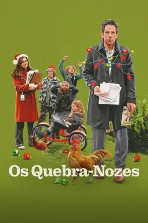 Pôster natalino: Homem estressado com luzes, mulher sorrindo, crianças fazendo bagunça e galinhas. Fundo verde com enfeites.