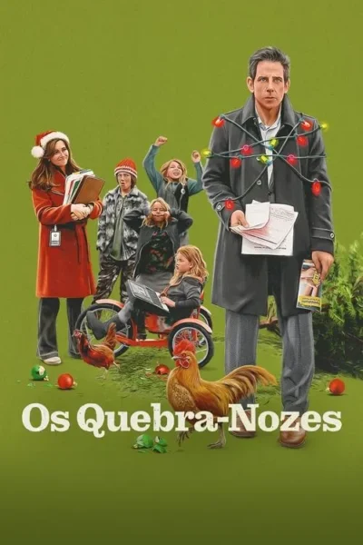 Pôster natalino: Homem estressado com luzes, mulher sorrindo, crianças fazendo bagunça e galinhas. Fundo verde com enfeites.