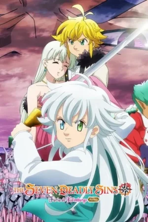 Pôster de anime. Jovem de cabelo branco de olhos bicolores empunha espada. Homem loiro e mulher pálida atrás. Exército sob céu roxo. Clima épico.