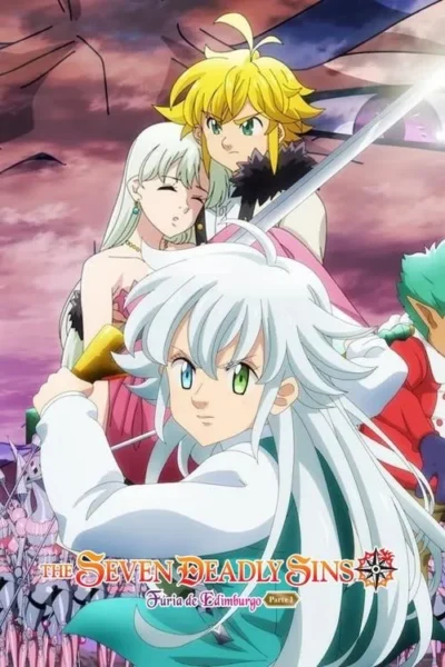 Pôster de anime. Jovem de cabelo branco de olhos bicolores empunha espada. Homem loiro e mulher pálida atrás. Exército sob céu roxo. Clima épico.