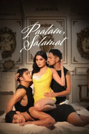 Uma mulher de amarelo com três homens em um quarto luxuoso. Um está deitado, outro a abraça e o terceiro a olha. Clima intenso.
