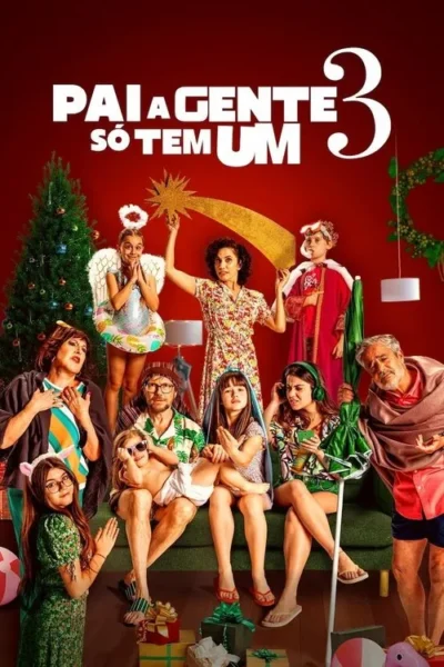Pôster natalino: família grande posa em cenário vermelho. Há anjos, reis magos e figuras de presépio modernizadas, com presentes. Clima cômico.