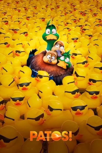 Pôster com família de patos animados no centro, cercada por centenas de patinhos de borracha amarelos, alguns com óculos de sol. Clima divertido.