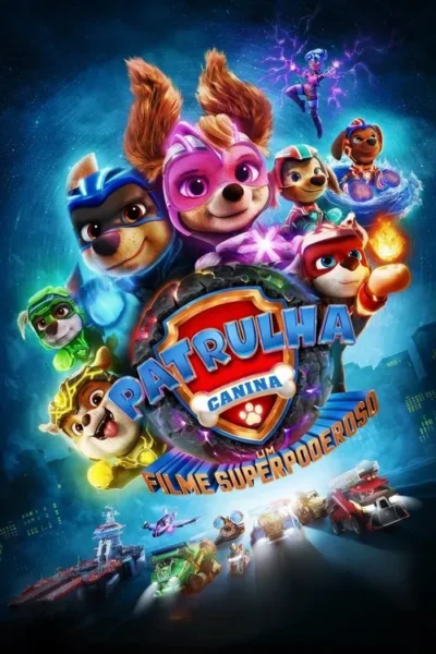 Pôster vibrante: cães super-heróis em trajes coloridos e poderosos. Voam sobre uma cidade noturna futurista, com veículos embaixo. Ação animada.
