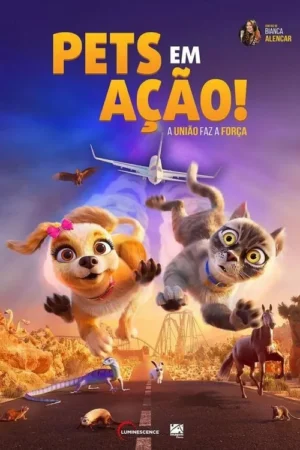 Pôster animado: Cão fêmea sorridente e gato assustado voam sobre estrada desértica. Outros animais, avião e montanhas. Aventura e diversão.