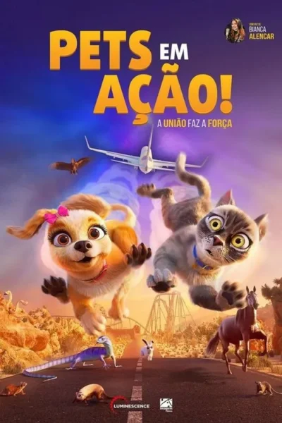 Pôster animado: Cão fêmea sorridente e gato assustado voam sobre estrada desértica. Outros animais, avião e montanhas. Aventura e diversão.