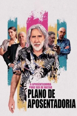 Pôster: homem de barba e camisa tropical à frente de 4 personagens, um armado. Fundo branco com listras vibrantes. Clima de ação e aventura.