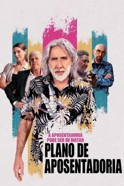Pôster: homem de barba e camisa tropical à frente de 4 personagens, um armado. Fundo branco com listras vibrantes. Clima de ação e aventura.