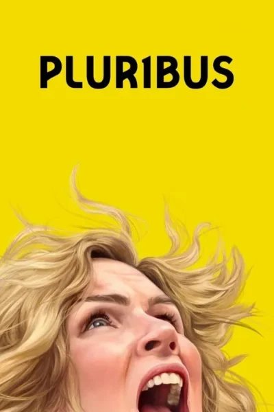 Pôster amarelo. Mulher loira com cabelo esvoaçante grita, olhando para cima com expressão de choque.