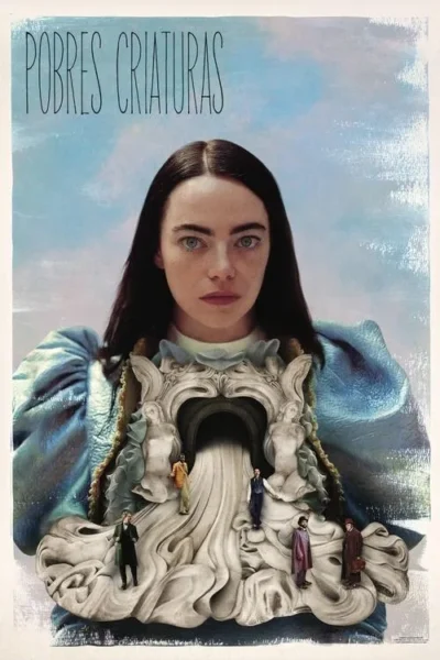 Pôster surreal: Mulher de olhos azuis com vestido azul. Seu colo forma uma estrutura esculpida com figuras masculinas minúsculas e um túnel, contra um céu azul.