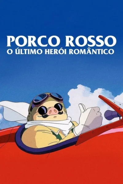 Um piloto porco bigodudo, de óculos e cachecol, em avião vermelho voando sob céu azul. Ele levanta o polegar. Clima de aventura.