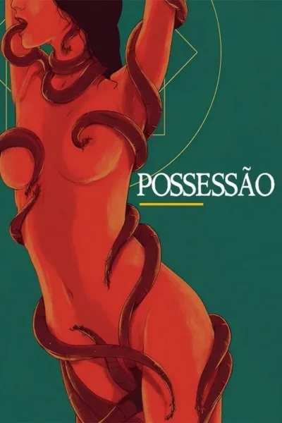 Pôster: Mulher de pele vermelha, nua, com cobras escuras enroladas no corpo e uma na boca. Fundo verde e símbolo místico.