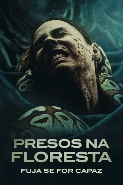 Pôster escuro com uma mulher ensanguentada gritando, enquanto uma cobra grande se enrola em seu corpo. Clima tenso de terror/sobrevivência.