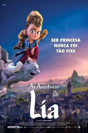 Jovem animada com moicano, acompanhada de pequenos animais, empoleirada num gárgula sobre uma vila medieval. Céu vibrante.